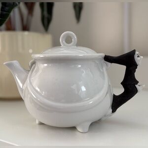 Vintage Enesco White Ceramic Teapot with Black Witch Detail